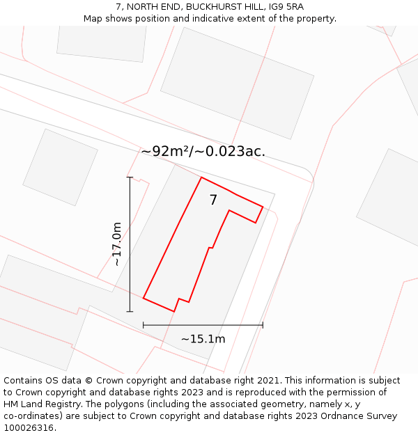 7, NORTH END, BUCKHURST HILL, IG9 5RA: Plot and title map