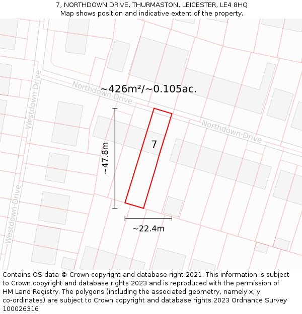 7, NORTHDOWN DRIVE, THURMASTON, LEICESTER, LE4 8HQ: Plot and title map