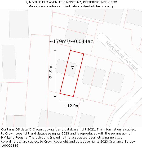 7, NORTHFIELD AVENUE, RINGSTEAD, KETTERING, NN14 4DX: Plot and title map
