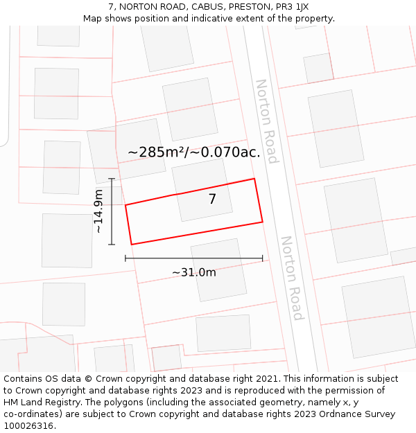 7, NORTON ROAD, CABUS, PRESTON, PR3 1JX: Plot and title map