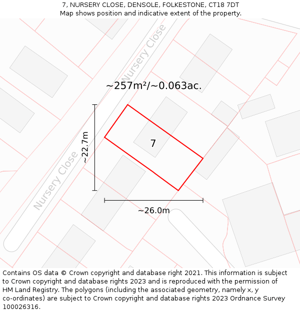 7, NURSERY CLOSE, DENSOLE, FOLKESTONE, CT18 7DT: Plot and title map