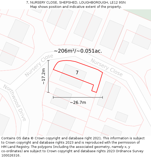 7, NURSERY CLOSE, SHEPSHED, LOUGHBOROUGH, LE12 9SN: Plot and title map