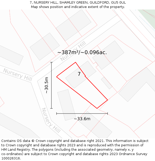 7, NURSERY HILL, SHAMLEY GREEN, GUILDFORD, GU5 0UL: Plot and title map