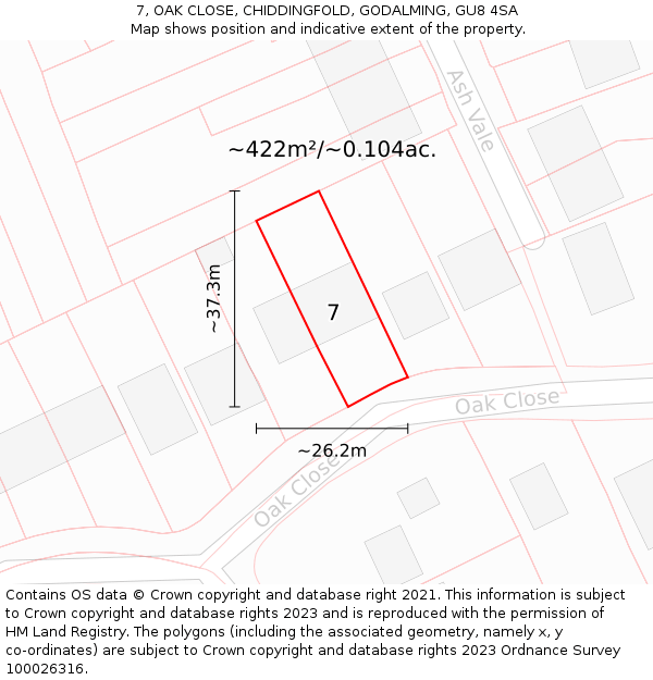 7, OAK CLOSE, CHIDDINGFOLD, GODALMING, GU8 4SA: Plot and title map