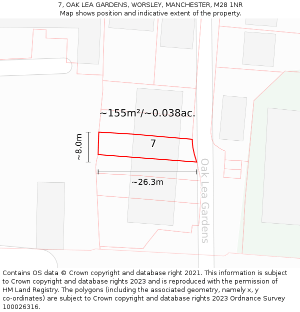 7, OAK LEA GARDENS, WORSLEY, MANCHESTER, M28 1NR: Plot and title map