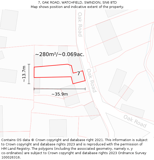 7, OAK ROAD, WATCHFIELD, SWINDON, SN6 8TD: Plot and title map
