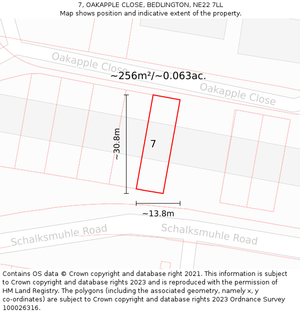 7, OAKAPPLE CLOSE, BEDLINGTON, NE22 7LL: Plot and title map