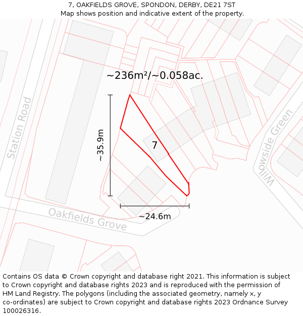7, OAKFIELDS GROVE, SPONDON, DERBY, DE21 7ST: Plot and title map