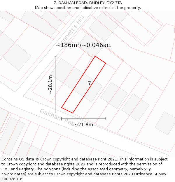 7, OAKHAM ROAD, DUDLEY, DY2 7TA: Plot and title map