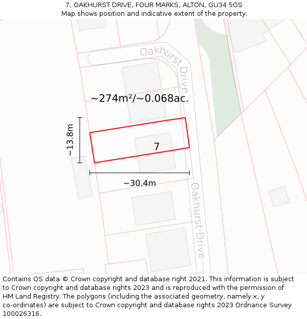 7, OAKHURST DRIVE, FOUR MARKS, ALTON, GU34 5GS: Plot and title map