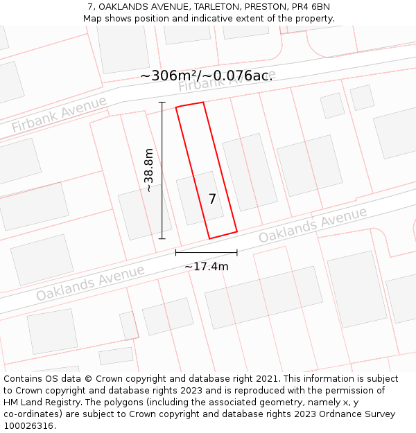 7, OAKLANDS AVENUE, TARLETON, PRESTON, PR4 6BN: Plot and title map