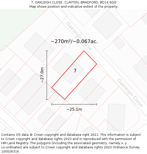 7, OAKLEIGH CLOSE, CLAYTON, BRADFORD, BD14 6QG: Plot and title map