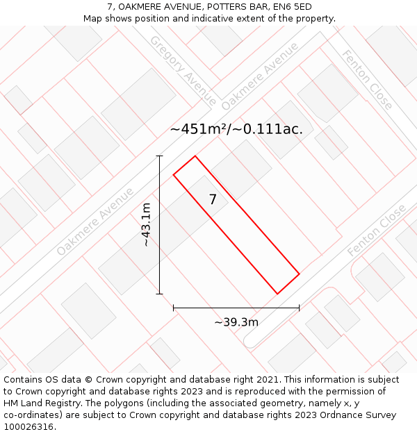 7, OAKMERE AVENUE, POTTERS BAR, EN6 5ED: Plot and title map