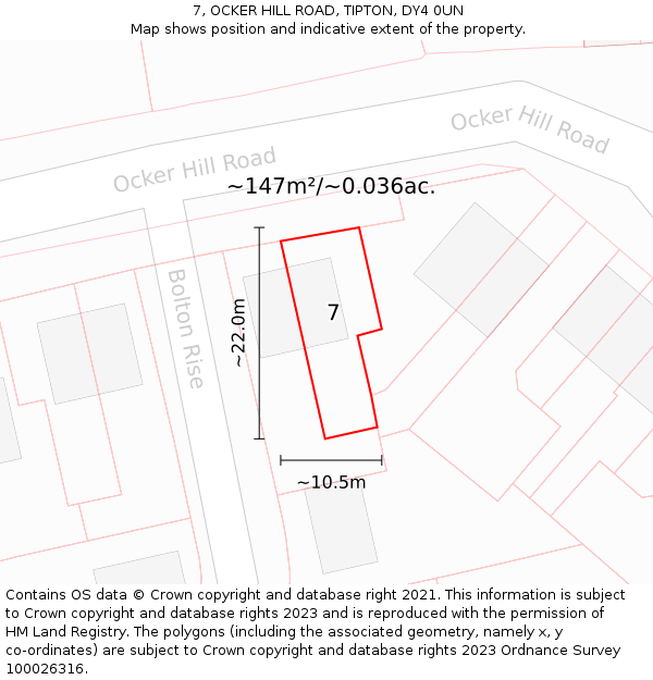 7, OCKER HILL ROAD, TIPTON, DY4 0UN: Plot and title map