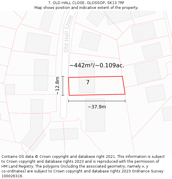 7, OLD HALL CLOSE, GLOSSOP, SK13 7RF: Plot and title map