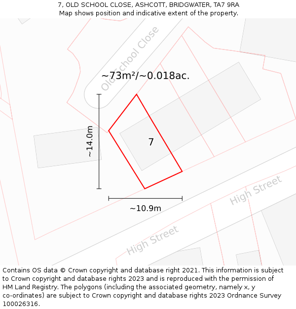 7, OLD SCHOOL CLOSE, ASHCOTT, BRIDGWATER, TA7 9RA: Plot and title map