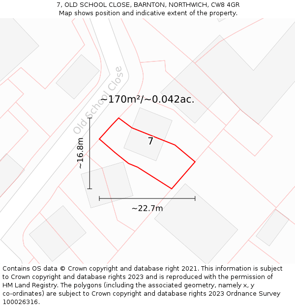 7, OLD SCHOOL CLOSE, BARNTON, NORTHWICH, CW8 4GR: Plot and title map