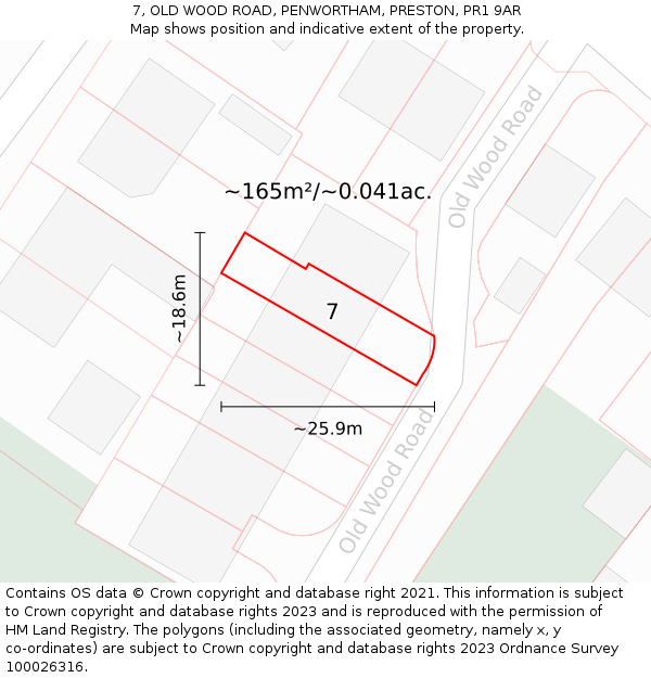 7, OLD WOOD ROAD, PENWORTHAM, PRESTON, PR1 9AR: Plot and title map