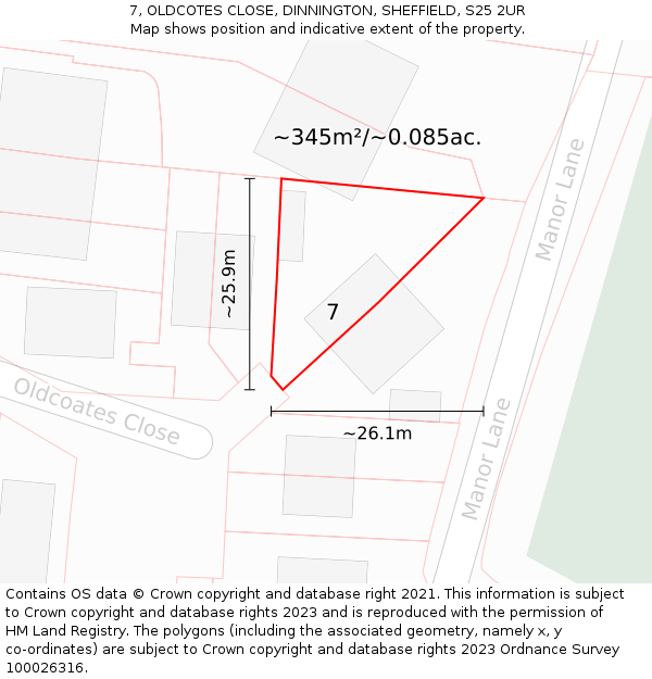 7, OLDCOTES CLOSE, DINNINGTON, SHEFFIELD, S25 2UR: Plot and title map