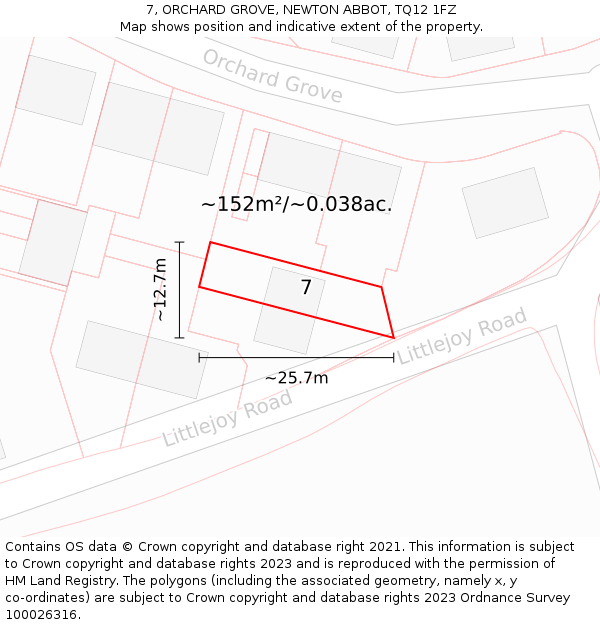 7, ORCHARD GROVE, NEWTON ABBOT, TQ12 1FZ: Plot and title map