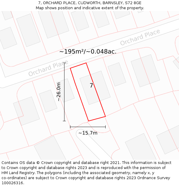 7, ORCHARD PLACE, CUDWORTH, BARNSLEY, S72 8GE: Plot and title map