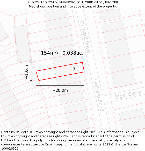 7, ORCHARD ROAD, FARNBOROUGH, ORPINGTON, BR6 7BP: Plot and title map