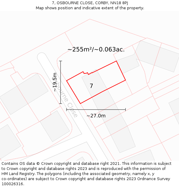 7, OSBOURNE CLOSE, CORBY, NN18 8PJ: Plot and title map