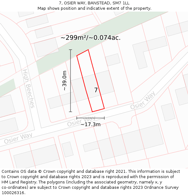 7, OSIER WAY, BANSTEAD, SM7 1LL: Plot and title map