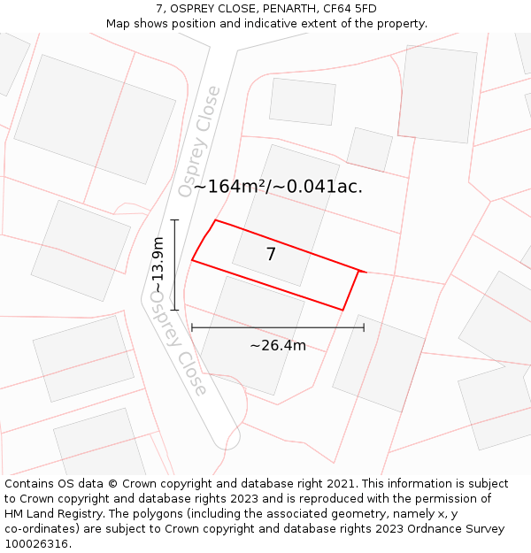 7, OSPREY CLOSE, PENARTH, CF64 5FD: Plot and title map