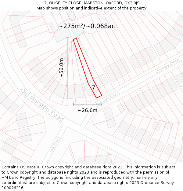 7, OUSELEY CLOSE, MARSTON, OXFORD, OX3 0JS: Plot and title map