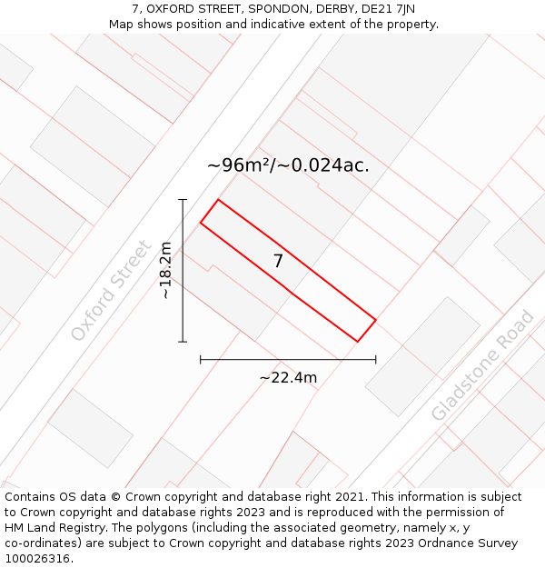 7, OXFORD STREET, SPONDON, DERBY, DE21 7JN: Plot and title map