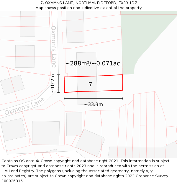 7, OXMANS LANE, NORTHAM, BIDEFORD, EX39 1DZ: Plot and title map