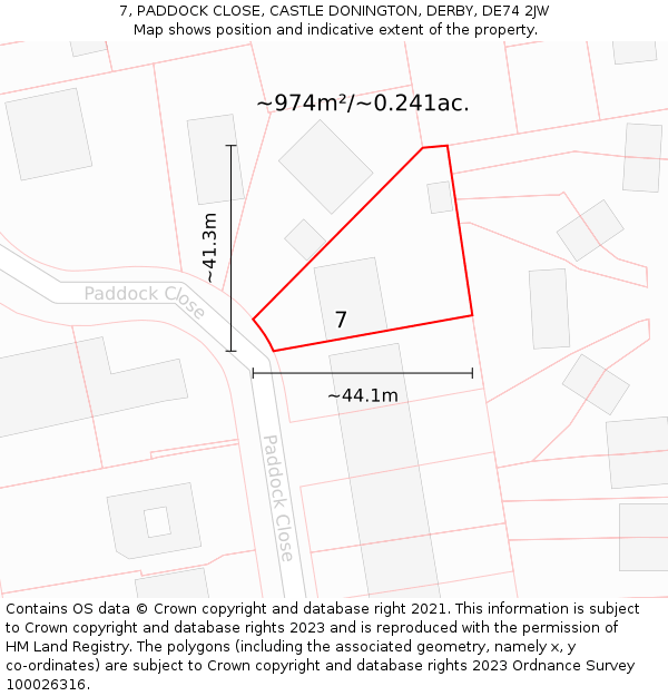 7, PADDOCK CLOSE, CASTLE DONINGTON, DERBY, DE74 2JW: Plot and title map
