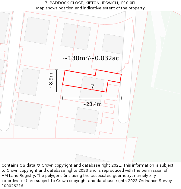 7, PADDOCK CLOSE, KIRTON, IPSWICH, IP10 0FL: Plot and title map