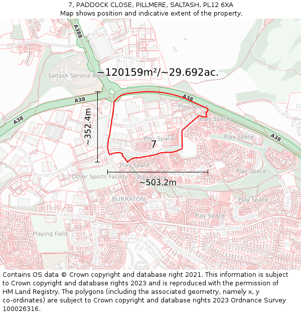 7, PADDOCK CLOSE, PILLMERE, SALTASH, PL12 6XA: Plot and title map