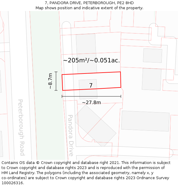 7, PANDORA DRIVE, PETERBOROUGH, PE2 8HD: Plot and title map