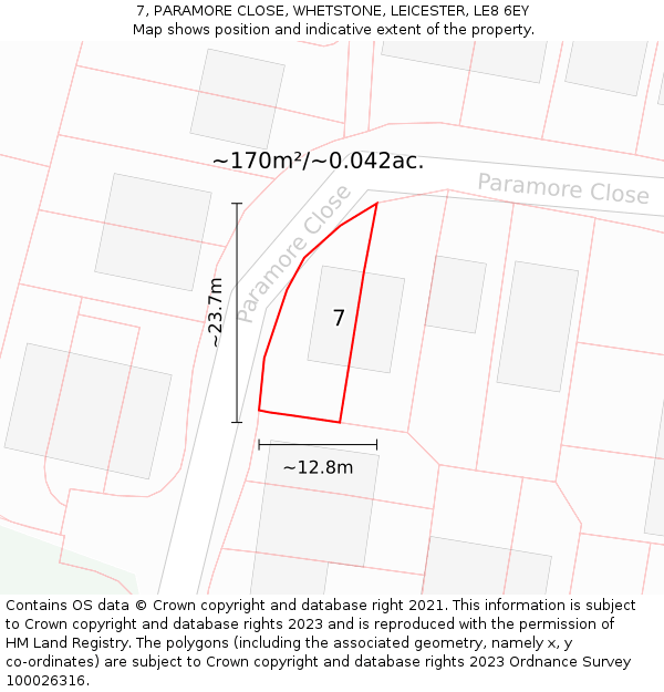 7, PARAMORE CLOSE, WHETSTONE, LEICESTER, LE8 6EY: Plot and title map