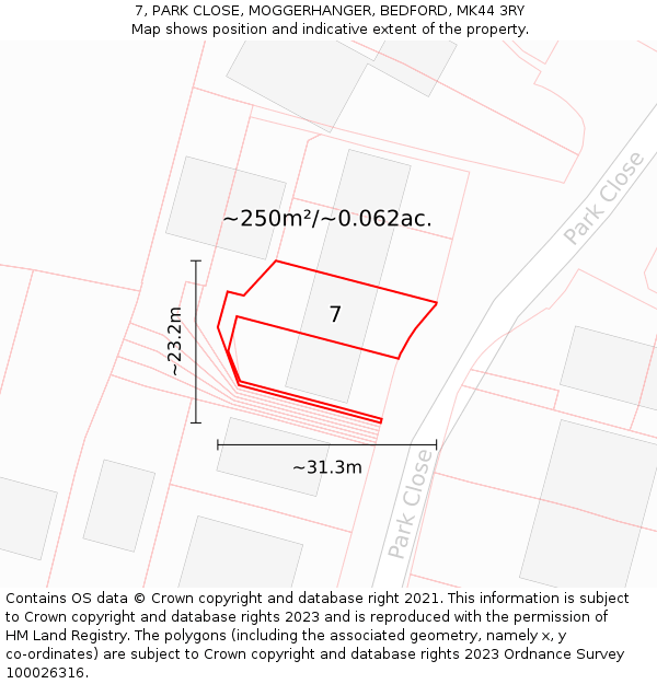 7, PARK CLOSE, MOGGERHANGER, BEDFORD, MK44 3RY: Plot and title map