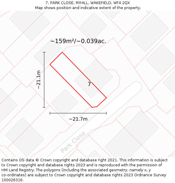 7, PARK CLOSE, RYHILL, WAKEFIELD, WF4 2QX: Plot and title map