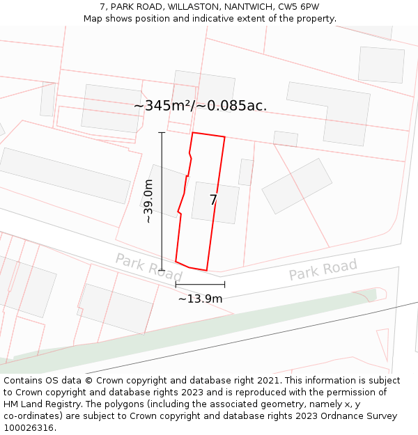 7, PARK ROAD, WILLASTON, NANTWICH, CW5 6PW: Plot and title map