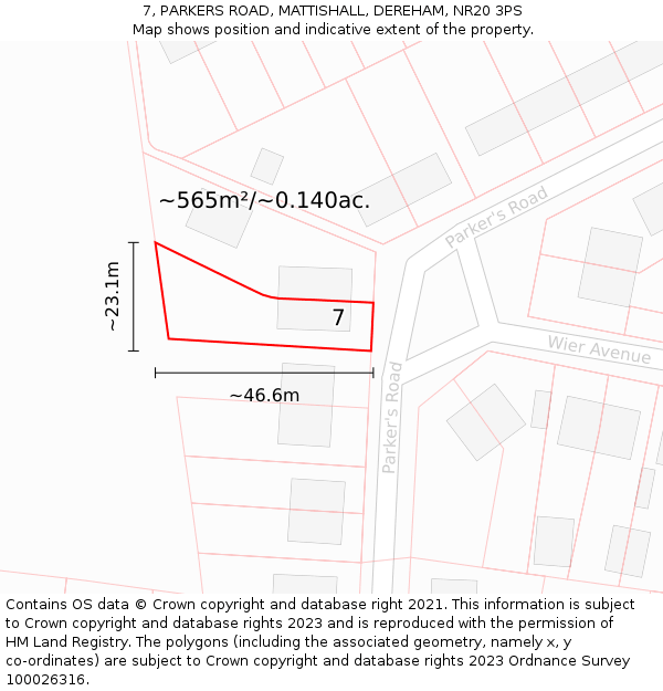 7, PARKERS ROAD, MATTISHALL, DEREHAM, NR20 3PS: Plot and title map