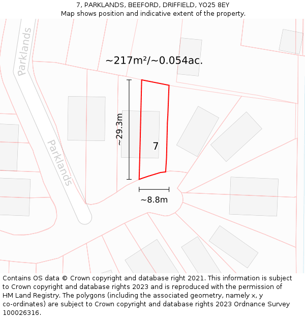 7, PARKLANDS, BEEFORD, DRIFFIELD, YO25 8EY: Plot and title map