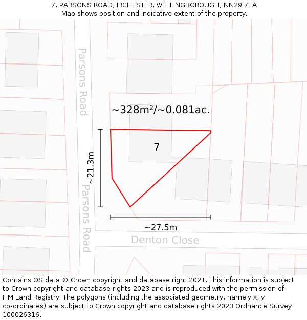 7, PARSONS ROAD, IRCHESTER, WELLINGBOROUGH, NN29 7EA: Plot and title map