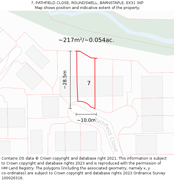 7, PATHFIELD CLOSE, ROUNDSWELL, BARNSTAPLE, EX31 3XP: Plot and title map