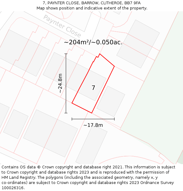7, PAYNTER CLOSE, BARROW, CLITHEROE, BB7 9FA: Plot and title map