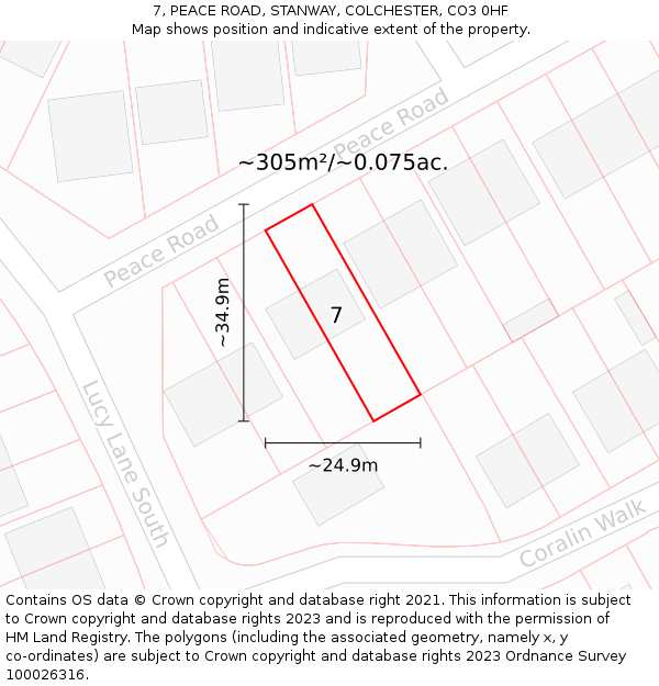 7, PEACE ROAD, STANWAY, COLCHESTER, CO3 0HF: Plot and title map