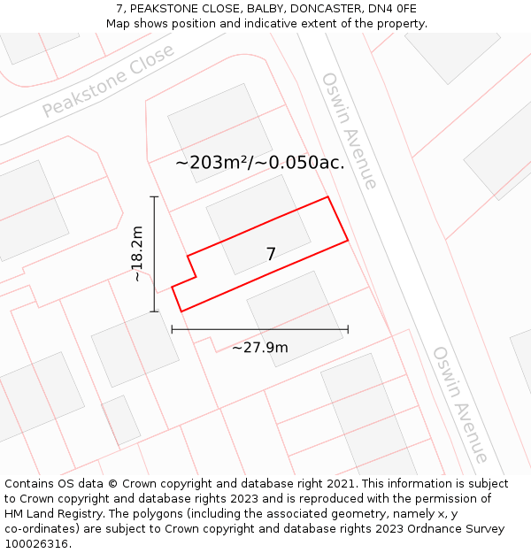 7, PEAKSTONE CLOSE, BALBY, DONCASTER, DN4 0FE: Plot and title map