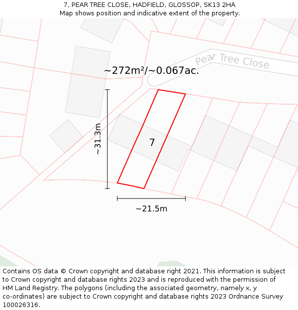 7, PEAR TREE CLOSE, HADFIELD, GLOSSOP, SK13 2HA: Plot and title map