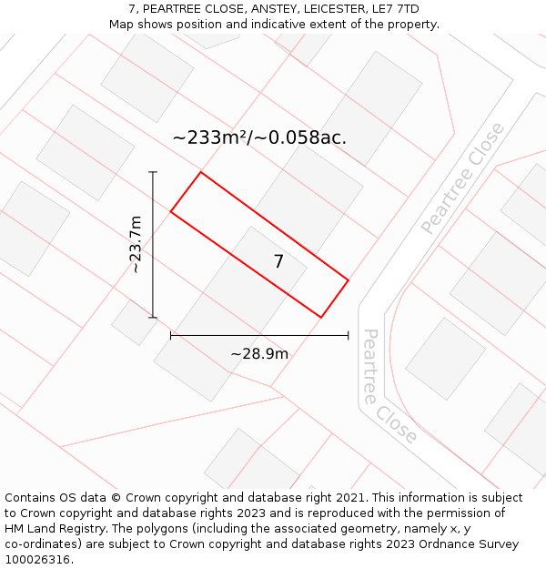 7, PEARTREE CLOSE, ANSTEY, LEICESTER, LE7 7TD: Plot and title map