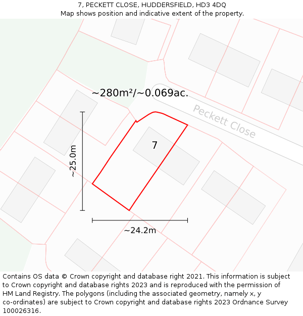 7, PECKETT CLOSE, HUDDERSFIELD, HD3 4DQ: Plot and title map